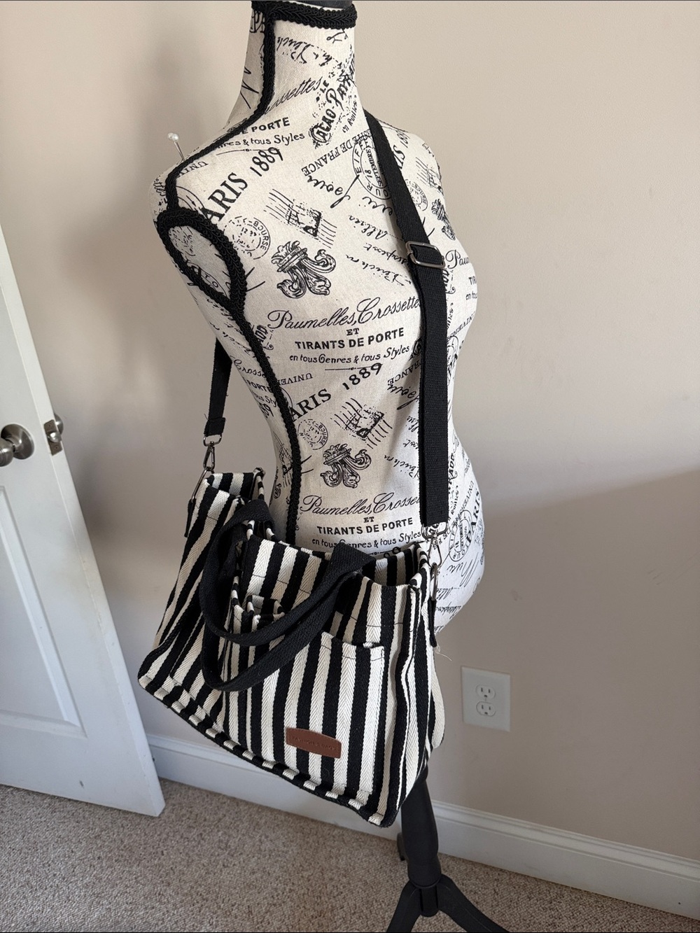 Striped Black & White Tote Bag with Front Pockets - Picture 3 of 4